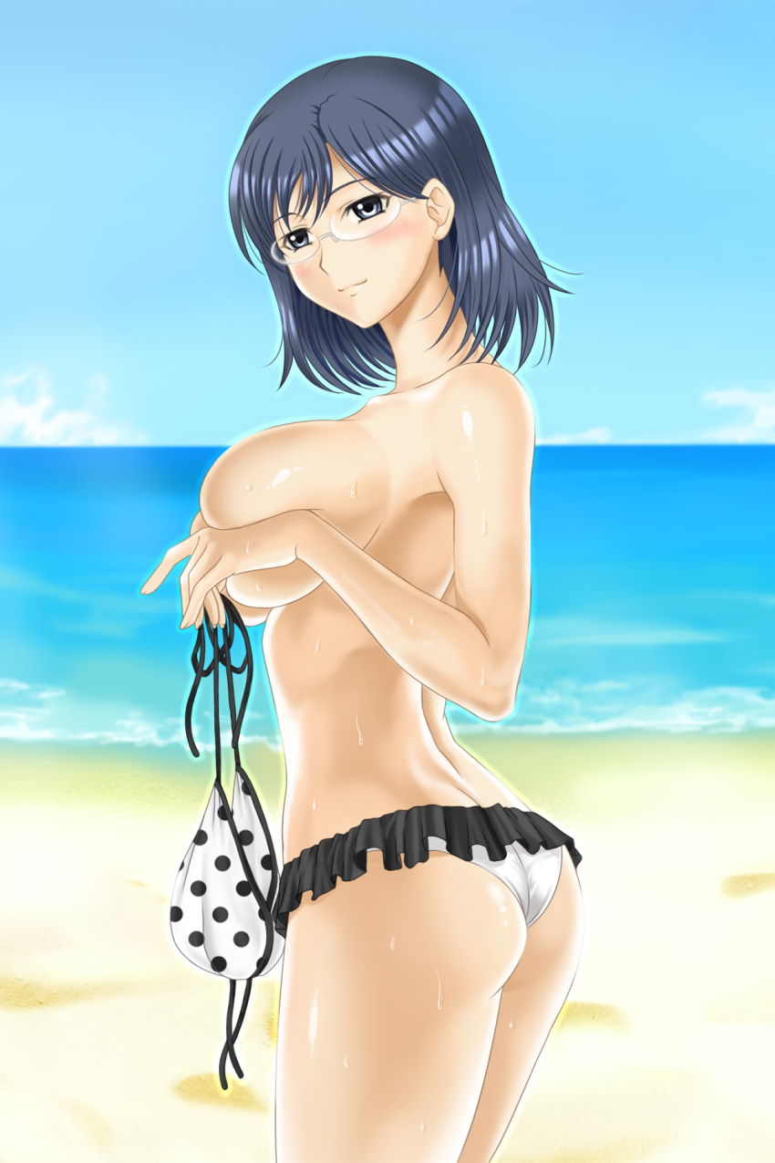 1girls ass beach big_breasts bikini bikini_top_removed blue_eyes blue_hair breasts busty covering covering_breasts day female female_only glasses highres konori_mii large_breasts matching_hair/eyes outdoors polka_dot sideboob smile solo swimsuit teasing teenage_girl teenager to_aru_kagaku_no_railgun to_aru_majutsu_no_index tonbidou topfreedom topless voluptuous water wet