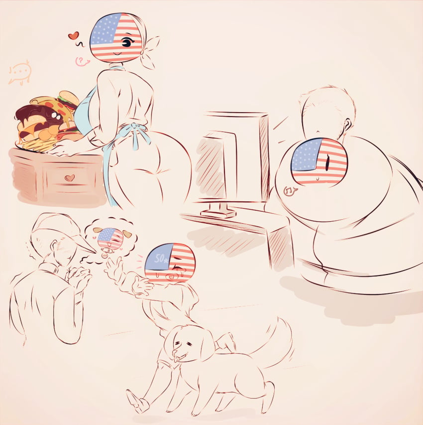 1boy 1girls anon apron ass big_ass blush canine cook cooking countryhumans countryhumans_girl domestic_dog female flawsy food french_fries hamburger heart large_breasts male pizza safe sfw united_states_of_america_(countryhumans) wholesome