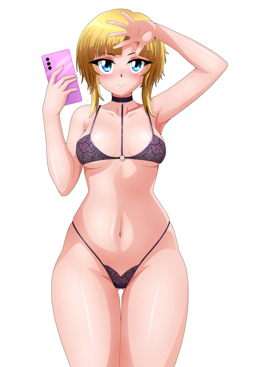 1girls arm_above_head arm_up armpits blonde_hair blue_eyes bra breasts cellphone cleavage confident female female_only hi_res kaori_shiruko legs medium_breasts navel nipples original phone purple_bra see-through selfie short_hair smartphone solo thighs thong underwear voluptuous yukino_memories zel-sama