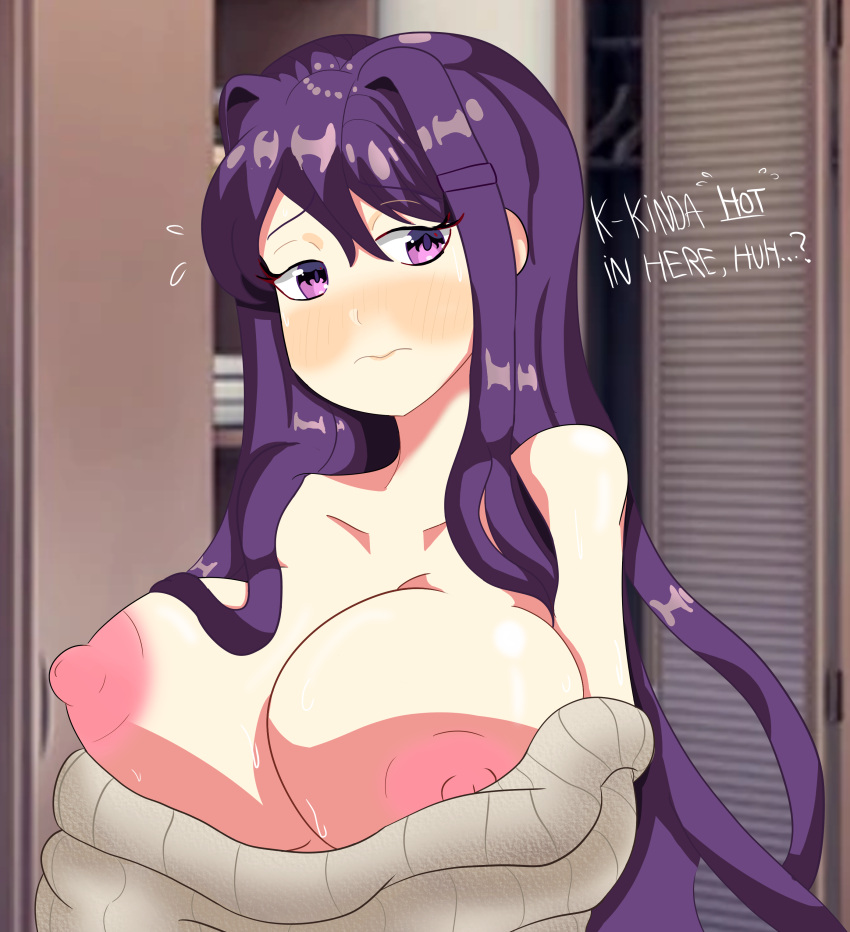 1girls areolae big_breasts blush breasts breasts_out classroom doki_doki_literature_club female female_only indoors long_hair looking_to_the_side matching_hair/eyes mysaltisexposed nipples purple_eyes purple_hair solo solo_female sweater yuri_(doki_doki_literature_club)