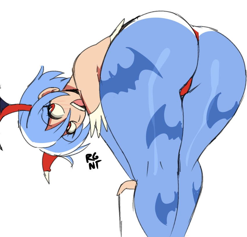 1girls ass bent_over big_ass blue_hair blue_pantyhose bridal_gauntlets clothing cute darkstalkers demon demon_girl drawn female female_only head_wings huge_ass leotard light-skinned_female light_skin lilith_aensland looking_away pantyhose presenting_hindquarters red_eyes regentb01 short_hair simple_background smile solo solo_female succubus thick_thighs thighs white_background