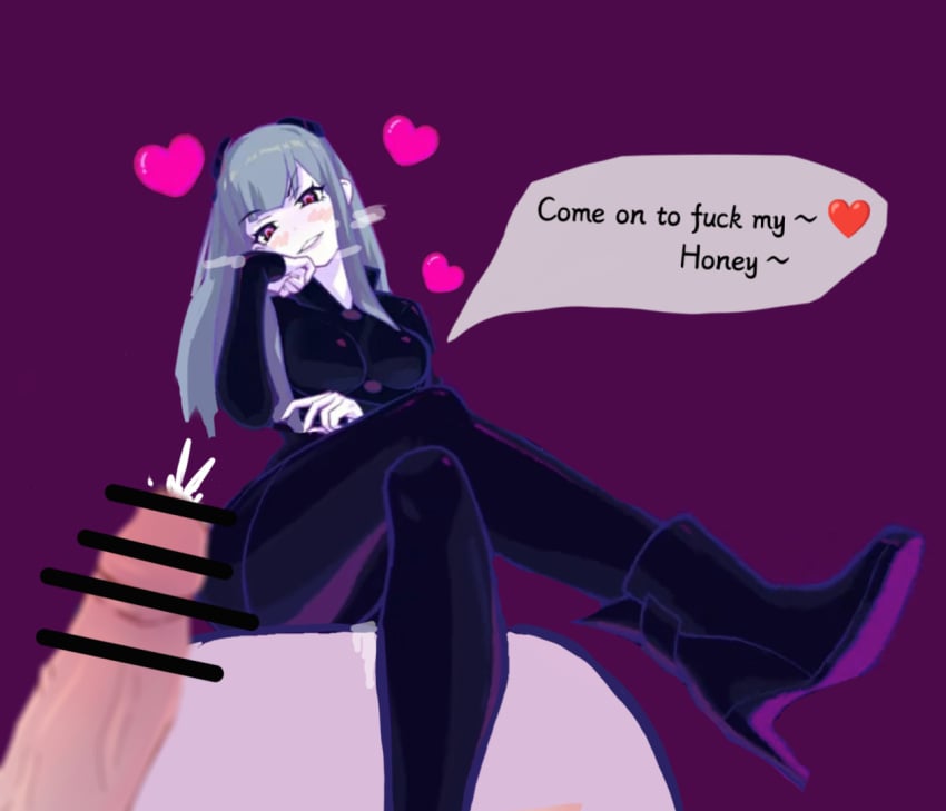 1girls bad_english blush censored cum enticent grey_hair heart-shaped_pupils high_heels leather_clothing leather_jacket marija_(muse_dash) meme muse_dash pale_skin smile traced traced_art