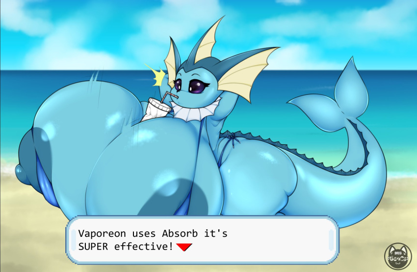 absorb_(pokémon_move) alternate_version_available beach bencs big_ass big_breasts bikini blue_nipples breast_expansion breasts_bigger_than_head cup eeveelution english_text female female_focus female_only game_freak generation_1_pokemon huge_ass hyper_breasts nintendo pokémon_(species) pokemon pokemon_move small_bikini vaporeon