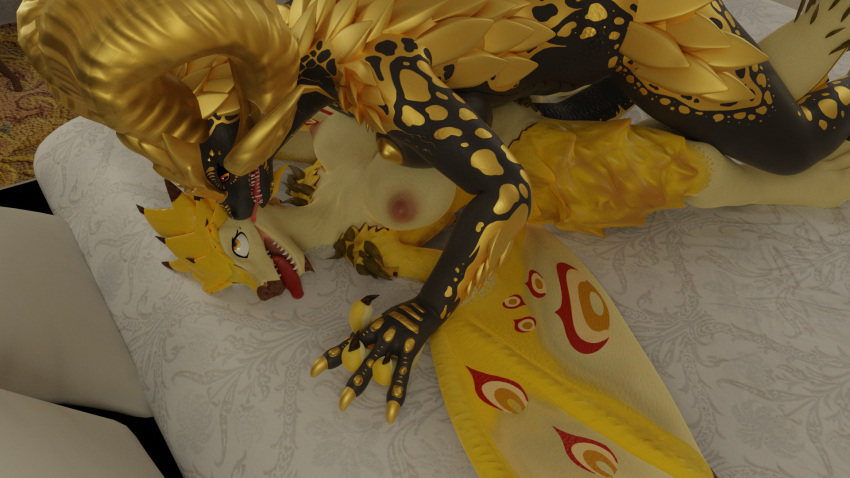 anthro bed bedroom capcom clawed_fingers dominant dominant_female dragon duo eye_roll female female/female furniture furromantic gold_rathian gold_scales hand_holding hi_res horn kulve_taroth larger_female larger_on_top looking_at_another looking_at_partner looking_pleasured lying lying_on_bed monster_hunter nipples on_bed penetration pinned_to_bed rath_wyvern rathian scalie sex size_difference smaller_female spiked_tail spikes spikes_(anatomy) spread_wings submissive submissive_female tail tail_fetish tail_penetrating tail_play tail_sex teeth tongue tongue_out vaginal_penetration vaginal_penetration void_dragon216 winged_arms wings wyvern yellow_horn