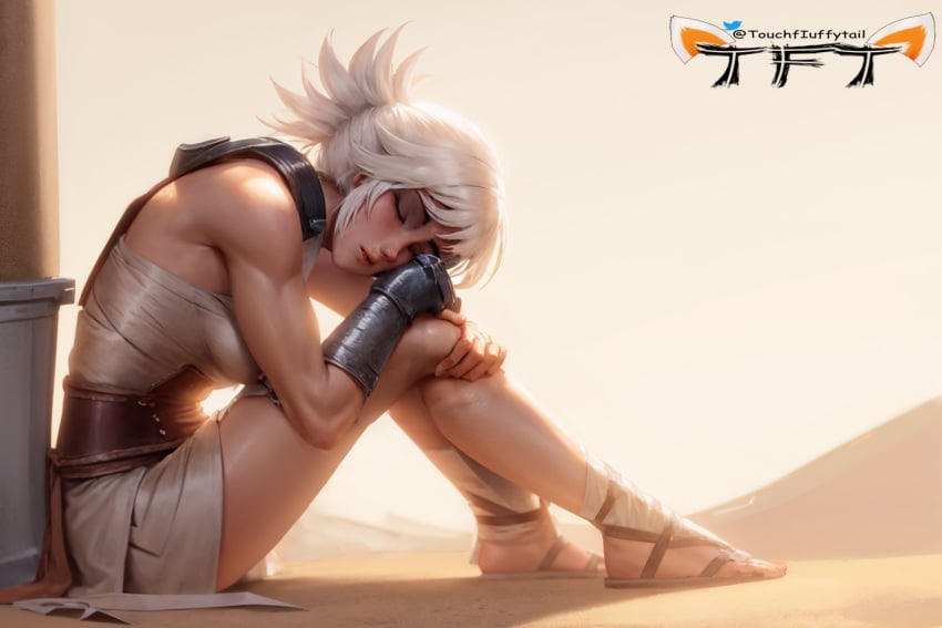 1girls 3rd_party_edit ai_generated edited female female_focus female_only hands_on_knees league_of_legends riven sleeping solo solo_female solo_focus stable_diffusion tan_skin touchfluffytails white_clothing white_hair