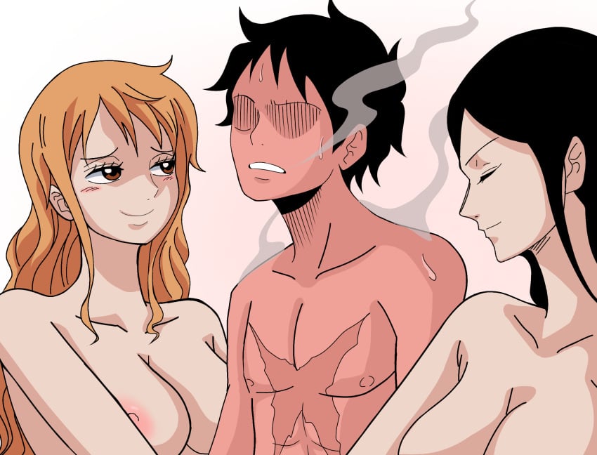 1boy 2girls 2girls1boy akuma_no_mi double_handjob female ffm_threesome gomu_gomu_no_mi gomu_gomu_no_mi_(gear_2) handjob implied_handjob male masturbation monkey_d_luffy nami nico_robin one_piece post-timeskip threesome xeno_doujin