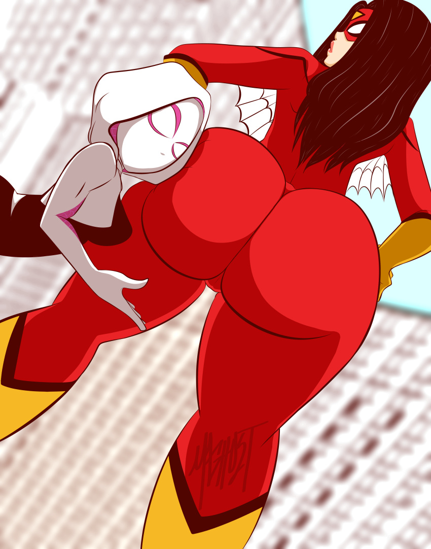 2d 2d_(artwork) 2girls artist_signature ass ass_worship big_ass big_butt black_hair bubble_ass bubble_butt fat_ass female female_only ghost_spider huge_ass huge_butt large_ass lesbian long_hair looking_back low-angle_view maghost marvel marvel_comics massive_ass massive_butt pawg spider-gwen spider-man:_across_the_spider-verse spider-man:_into_the_spider-verse spider-man_(series) spider-woman spider-woman_(jessica_drew) superheroine yuri