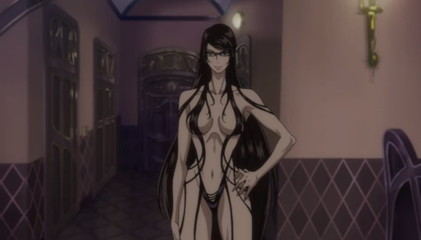 1girls accurate_art_style bayonetta bayonetta_(character) black_hair curvaceous curvy curvy_body curvy_female curvy_figure female female_only glasses hair_over_breasts hair_over_pussy hand_on_hip light-skinned_female long_hair medium_breasts official_art round_breasts screencap screenshot solo solo_female