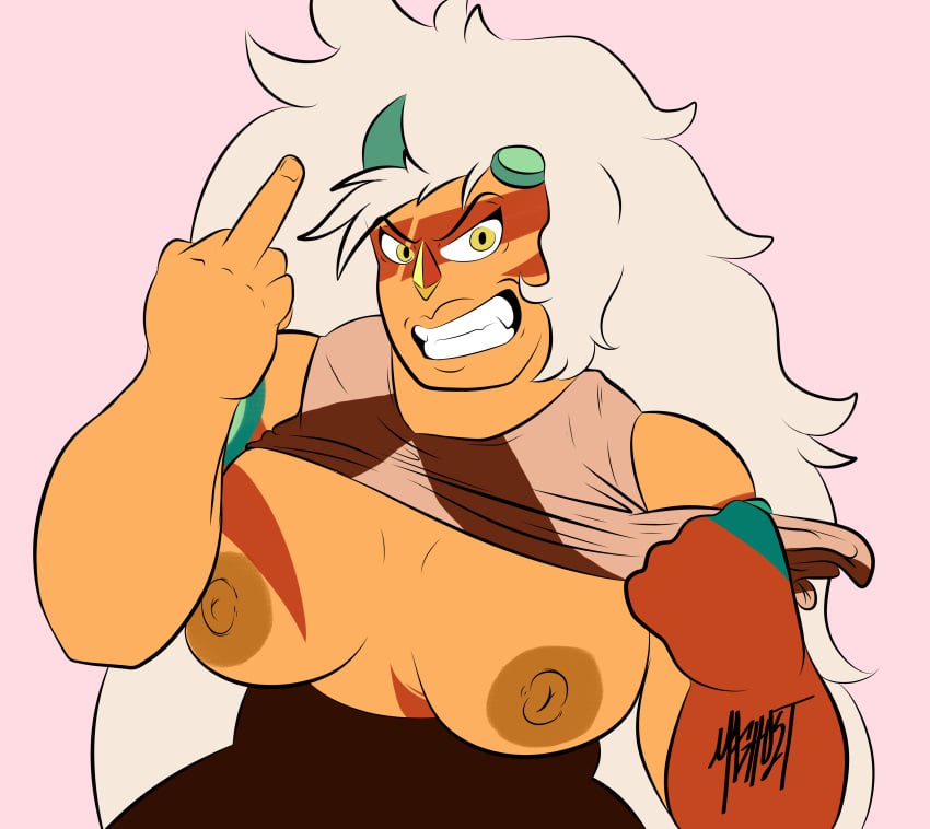 1girls big_breasts cartoon_network exposed_breasts gem_(species) horns humanoid jasper_(steven_universe) looking_at_viewer maghost middle_finger muscular muscular_female nipples non-mammal_breasts orange_body orange_nipples orange_skin steven_universe yellow_eyes