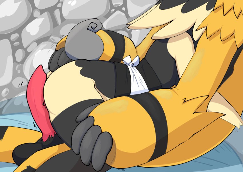 ass audino balls clothing cuddling duo electivire erection generation_4_pokemon generation_5_pokemon genitals grinding hand_on_butt maid_uniform mammal nintendo on_lap penis pokemon pokemon_(species) uniform yellow_body