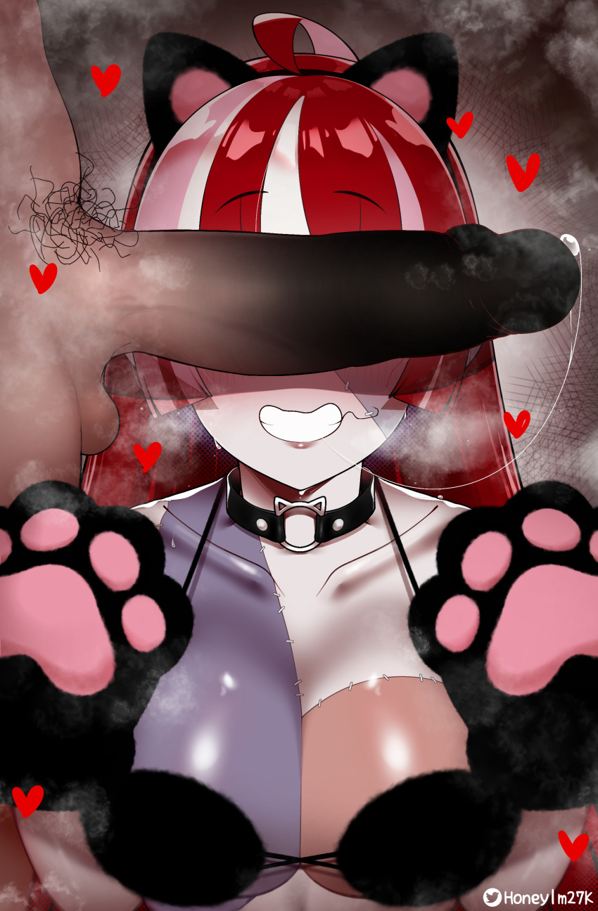 1boy absurdres animal_ears animal_hands black_choker breasts cant_see_the_haters cat_ears censored choker cleavage clenched_teeth collarbone colored_skin cum erection fake_animal_ears female gloves grey_hair grin highres hololive hololive_indonesia honeylm27k huge_cock kureiji_ollie large_breasts large_penis long_hair looking_at_penis male_pubic_hair multicolored_hair multicolored_skin nude patchwork_skin paw_gloves penis penis_awe penis_on_face penis_over_eyes pink_hair precum pubic_hair red_hair smile solo_focus stitched_face stitches straight stray_pubic_hair teeth testicles virtual_youtuber zombie