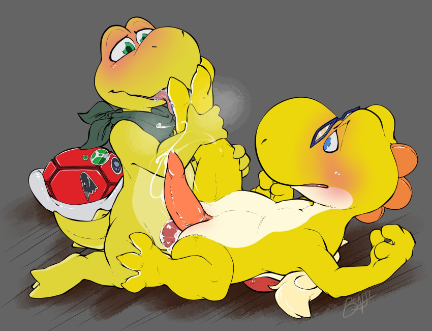 2boys 3_toes anal animal_genitalia anthro bandana benji_(artist) blush bodily_fluids cum cum_in_ass cum_inside duo eyewear foot_fetish foot_lick foot_play gay genital_fluids glasses hi_res kerchief koopa licking male male/male male_only mario_(series) nintendo red_shell scalie shell tongue tongue_out yellow_body yoshi