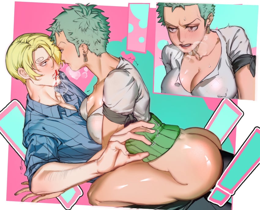 1boy 1girls big_ass big_breasts blonde_hair blood blush bottomless breath bubble_butt cleavage earrings eye_contact facial_hair female female_on_top genderswap_(mtf) goatee green_hair hair_over_one_eye haramaki implied_sex k_zaooo male nipple_bulge nosebleed one_piece pre-timeskip roronoa_zoro rule_63 short_hair sitting_on_person sleeves_rolled_up sweat very_short_hair vinsmoke_sanji