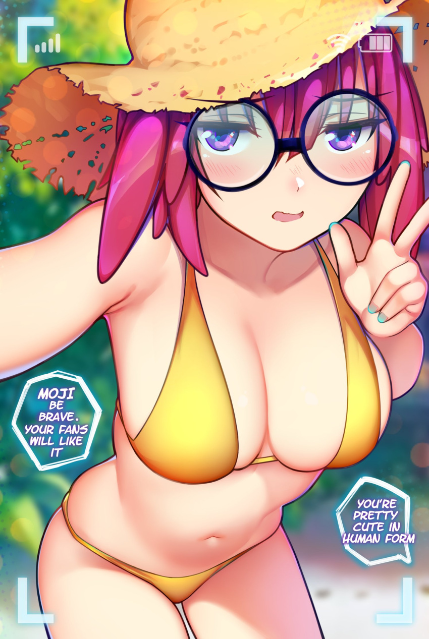 alternate_breast_size alternate_costume alternate_species bikini breasts camera_view cleavage female female_focus green_nails holding_camera human ikkimay looking_at_viewer medium_breasts moji_(paladins) nail_polish painted_nails paladins peace_sign pink_hair purple_eyes small_breasts solo_female text