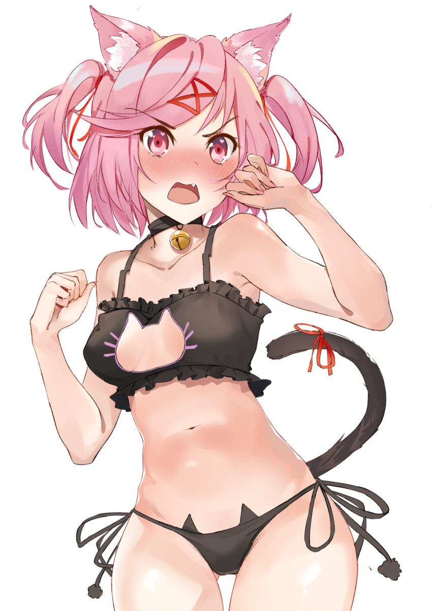 1girls angry ass_visible_through_thighs bare_legs bare_shoulders bell bell_collar black_bra black_lingerie black_panties blush boob_window breasts cat_bell cat_cutout cat_ears cat_girl cat_lingerie cat_panties cat_tail choker choker_bell cleavage_cutout doki_doki_literature_club fang fangs female flustered half_naked lingerie looking_at_viewer midriff natsuki_(doki_doki_literature_club) pigtails pink_eyes pink_hair ribbon small_breasts string_panties thick_thighs thighs underwear underwear_only white_background xhunzei