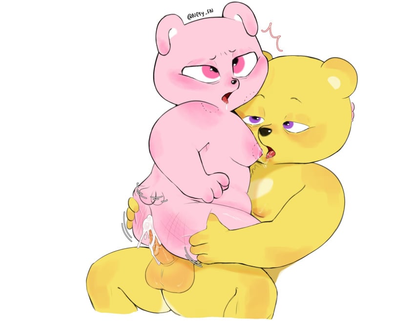 2023 anthro balls bear bite_mark bodily_fluids coco_(unicorn_wars) cum duo erection genital_fluids genitals gordi_(unicorn_wars) hi_res mammal nery_fn nipples penis pink_body pink_eyes purple_eyes sex sitting slightly_chubby spank_marks unicorn_wars yellow_body