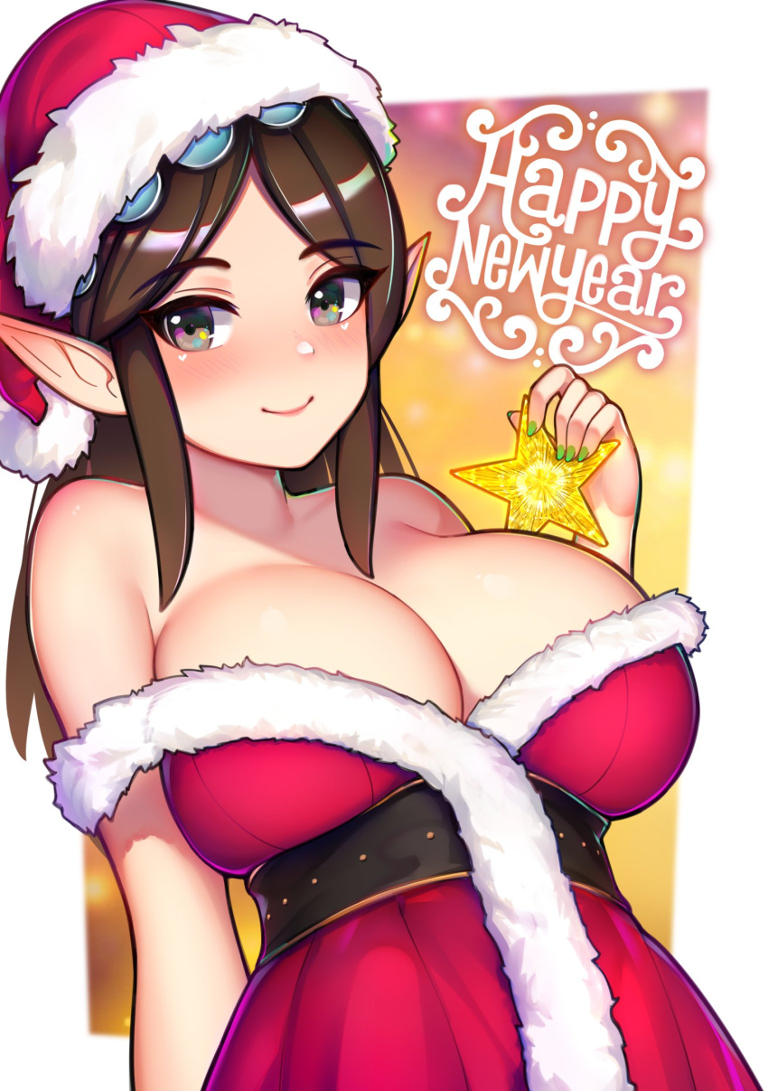 1girls big_breasts breasts brown_hair christmas christmas_outfit cleavage elf elf_ears female female_only happy_new_year ikkimay large_breasts light-skinned_female light_skin new_year paladins santa_costume santa_hat solo star text ying_(paladins)