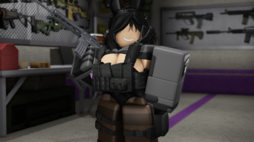 1girls 3d assault_rifle bloxmodeller bodysuit bunny_girl bunnysuit clothed clothing cropped_hoodie female_only grace_(bloxmodeller) grey_sleeves gun headset long_sleeves roblox robloxian self_upload smile solo stockings tactical_gear tagme tights vest