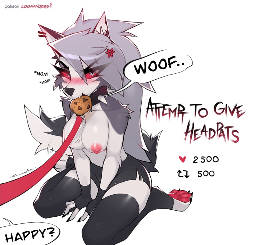 annoyed anthro big_breasts blush breasts clothing collar cookie duo female furry hellhound helluva_boss leash legwear loona_(helluva_boss) loonanudes nipples pawpads paws petplay pov stockings thigh_highs thighhighs wolf