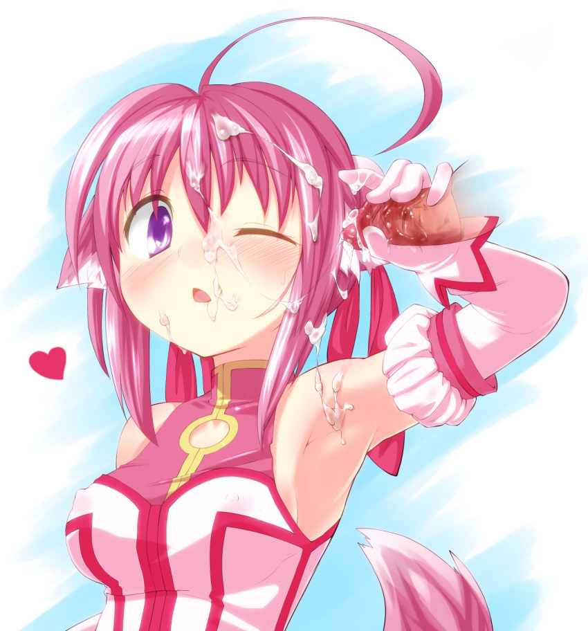 animal_ear armpits blush cum cum_on_hair dog_days dog_ear dog_tail erect_nipples facial gloves heart highres millhiore_f_biscotti penis pink_hair purple_eyes sota tail wink