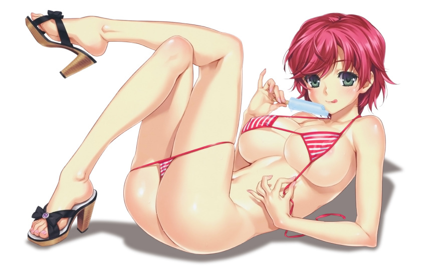 1girls areolae bikini boin breasts feet female female_only green_eyes happoubi_jin high_heels highres iihara_nao large_breasts nail_polish naughty_face open_shoes painted_toenails pink_hair popsicle resort_boin sandals short_hair slender_waist solo string_bikini striped striped_bikini toenail_polish toenails toes tongue undressing widescreen