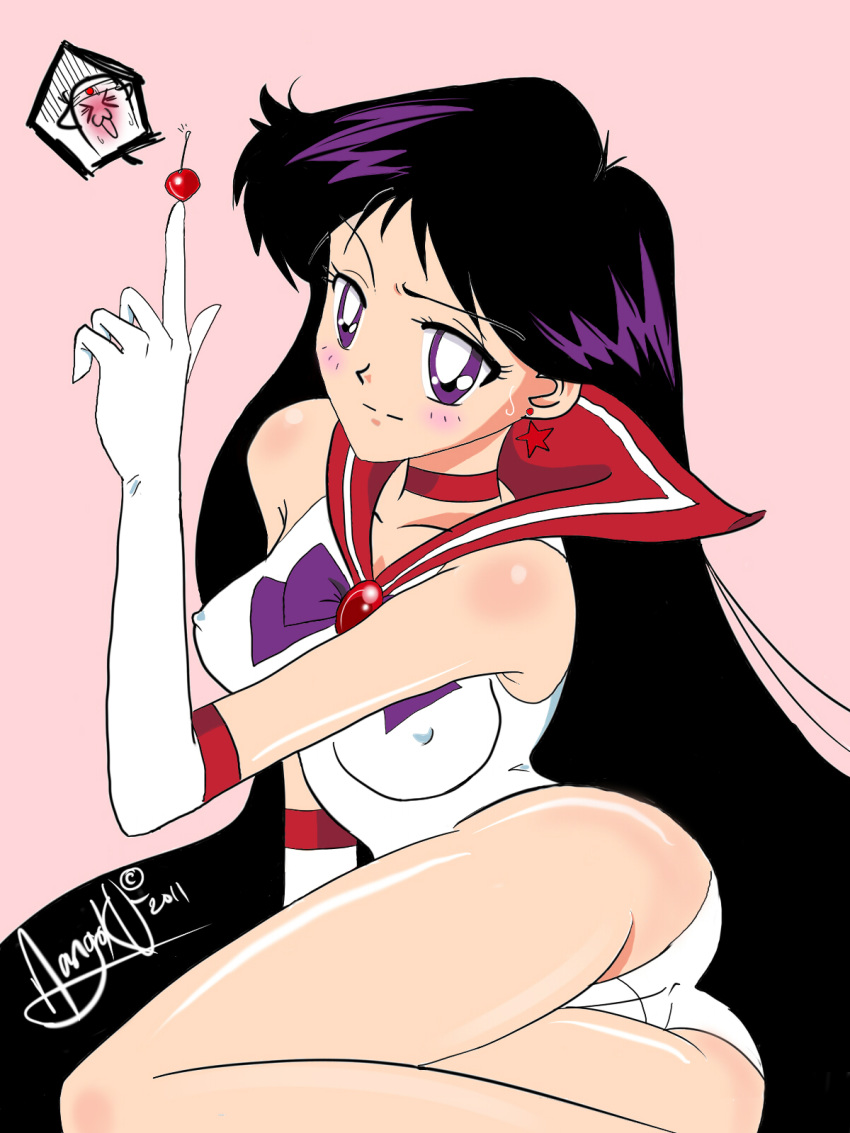 ass bishoujo_senshi_sailor_moon blush choker clothing elbow_gloves erect_nipples erect_nipples_under_clothes female female_only gloves highres human nangoku panties purple_eyes purple_hair rei_hino sailor_mars small_breasts solo underwear