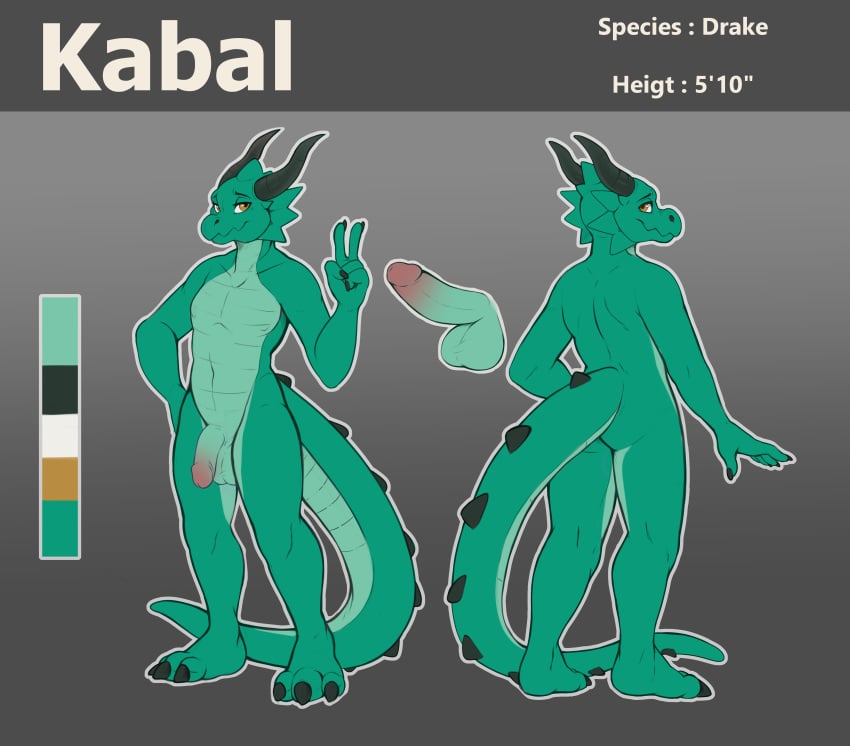 absurd_res alternate_version_at_source anthro dragon genitals gesture green_body green_scales hi_res horn kabal_manegold male mocha-wing model_sheet orange_eyes penis scales snout solo spikes spikes_(anatomy) tail v_sign