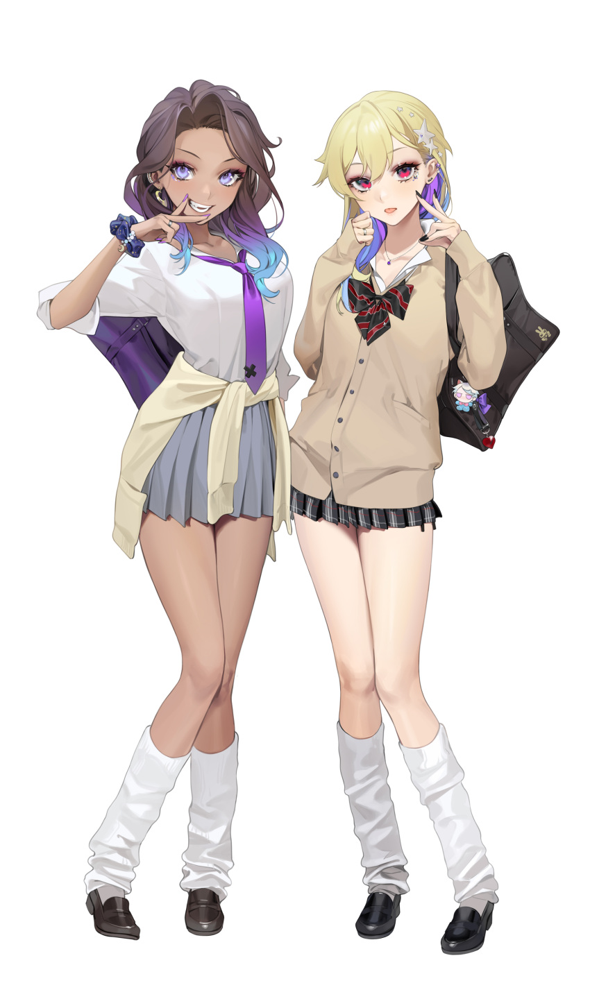 2girls absurdres black_nails blonde_hair breasts brown_cardigan brown_hair cardigan clothes_around_waist dark-skinned_female duo female female_only full_body grey_skirt gyaru hair_ornament hand_up highres jewelry layla_(ohisashiburi) legs long_hair long_sleeves looking_at_viewer medium_breasts nail_polish necklace necktie ohisashiburi open_mouth original original_character original_characters painted_nails peace_sign pink_eyes plaid_skirt pleated_skirt purple_eyes purple_nails purple_neckwear ring scrunchie simple_background skirt sleeves_past_wrists smile standing star_hair_ornament sweater sweater_around_waist teeth white_background wrist_scrunchie yuri yuson_(ohisashiburi)