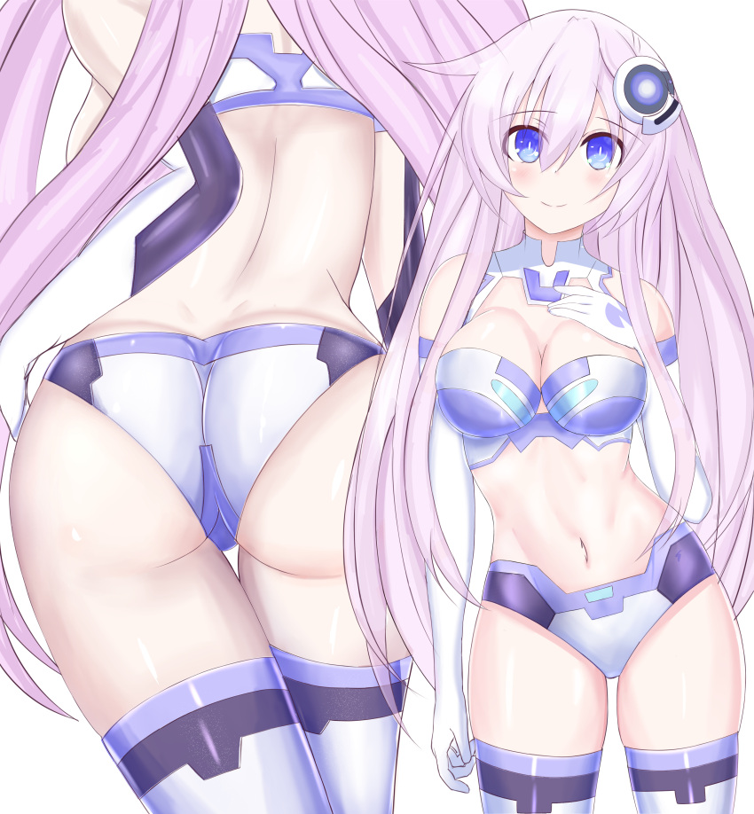 alternate_costume ass back_view bare_shoulders blue_eyes blush breasts cleavage compile_heart elbow_gloves female female_only front_view fully_clothed goddess hand_on_breast idea_factory light-skinned_female long_hair looking_at_viewer multiple_views nepgear neptunia_(series) pink_hair purple_sister revealing_clothes skimpy_clothes smile solo stiris_rangetsu thighhighs