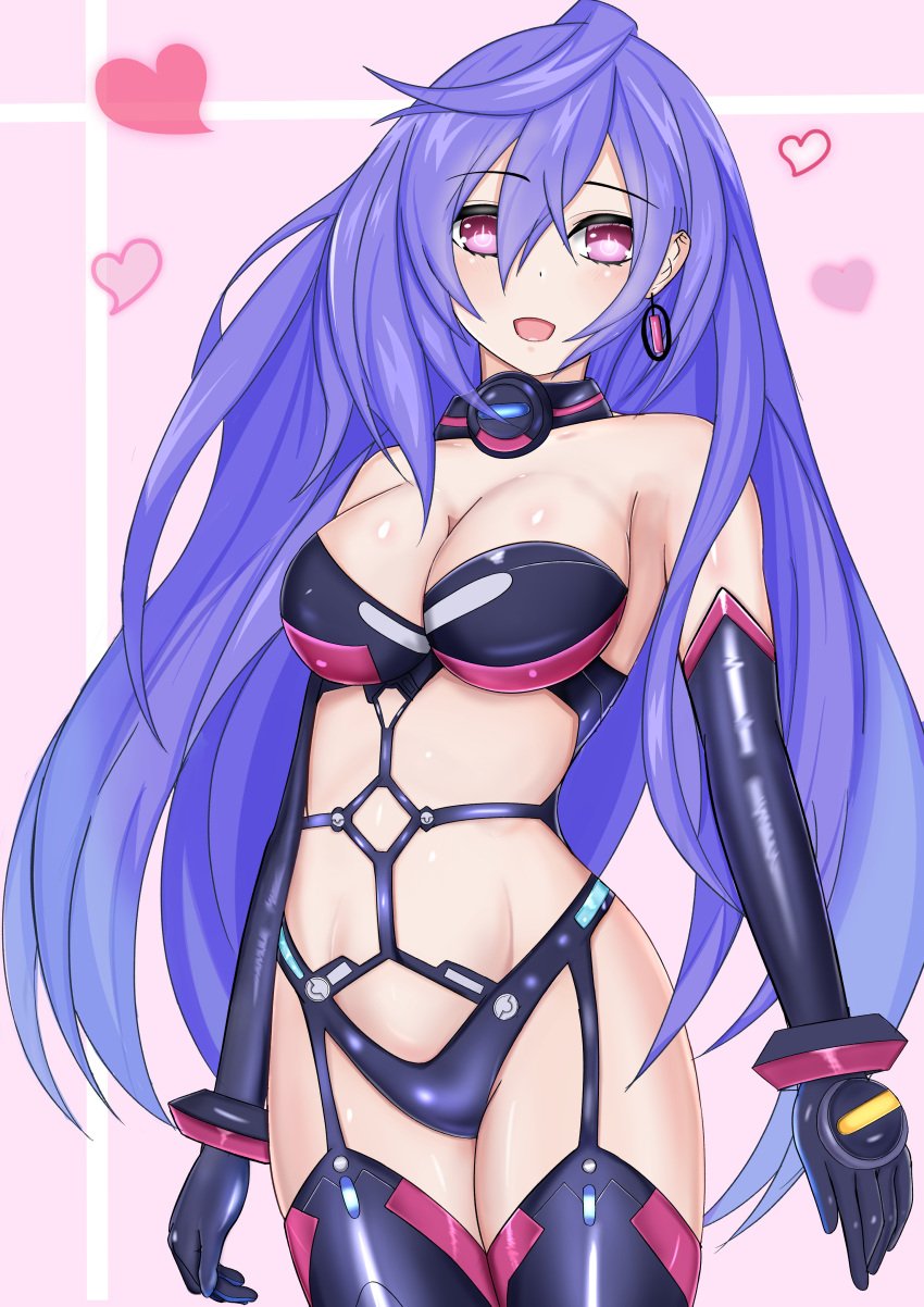 bare_shoulders blush bodysuit breasts cleavage collar elbow_gloves female female_only front_view fully_clothed goddess heart iris_heart light-skinned_female looking_at_viewer neptunia_(series) open_mouth pink_eyes plutia purple_hair revealing_clothes shiny_clothes shiny_skin solo stiris_rangetsu thighhighs very_long_hair