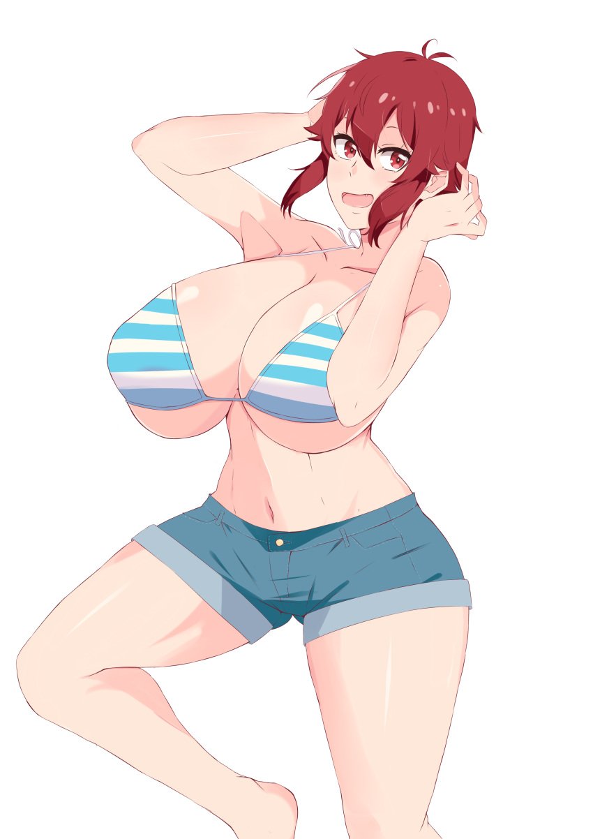 1girls 2023 aizawa_tomo alternate_version_available big_breasts bikini bikini_top blush breasts cleavage female jean_shorts looking_at_viewer open_mouth red_hair short_hair shorts solo sombra222 striped_bikini striped_bikini_top thick_thighs thighs tomo-chan_wa_onna_no_ko white_background