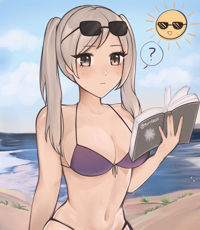 1girls alternate_costume beach bikini book cleavage eyewear_on_head female female_only fire_emblem fire_emblem_awakening grey_hair large_breasts nintendo ocean outdoors purple_bikini purple_swimsuit purrlucii robin_(fire_emblem) robin_(fire_emblem)_(female) sand silver_hair solo sunglasses sunglasses_on_head swimsuit twintails white_hair