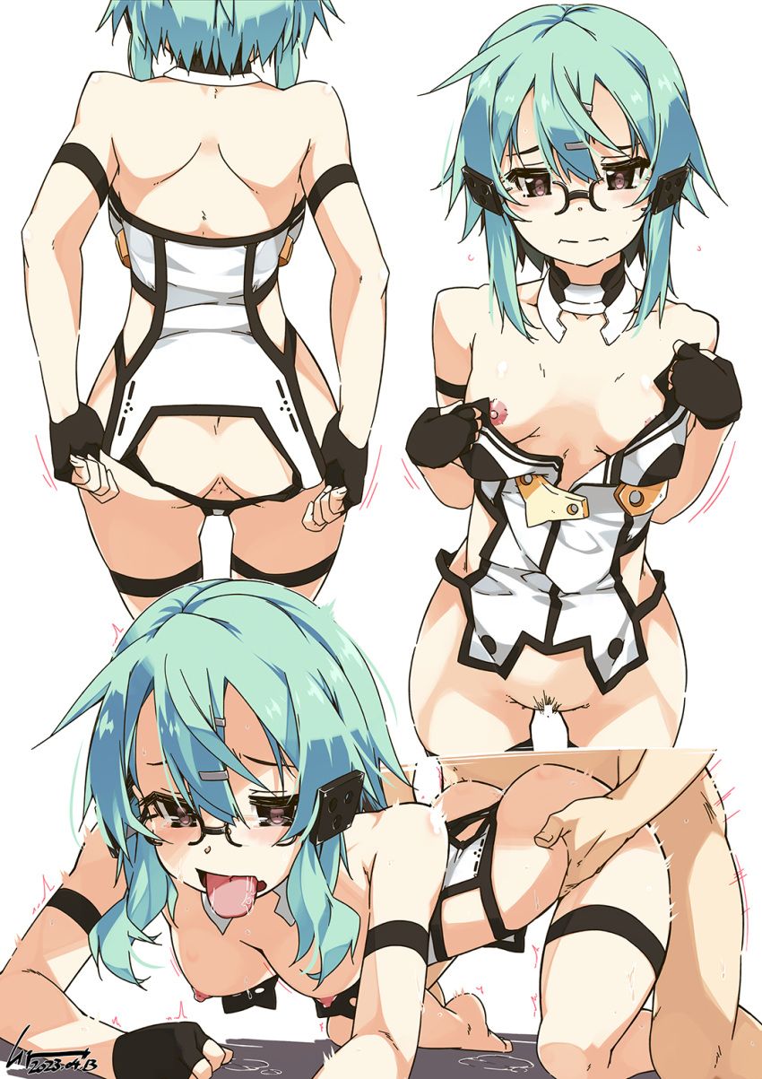 1boy 1girls ahe_gao ahe_gao all_fours ambiguous_penetration anus aqua_hair armband asada_shino ass black_eyes blue_hair breasts censor_bar censored cosplay doggy_style doggy_style drool drooling faceless_male female fingerless_gloves from_behind from_behind_position frown hair_ornament hairclip legband light_blue_hair male medium_breasts nipples open_mouth pubic_hair shikei short_hair short_hair_with_long_locks sinon sword_art_online sword_art_online:_phantom_bullet tongue tongue_out white_background