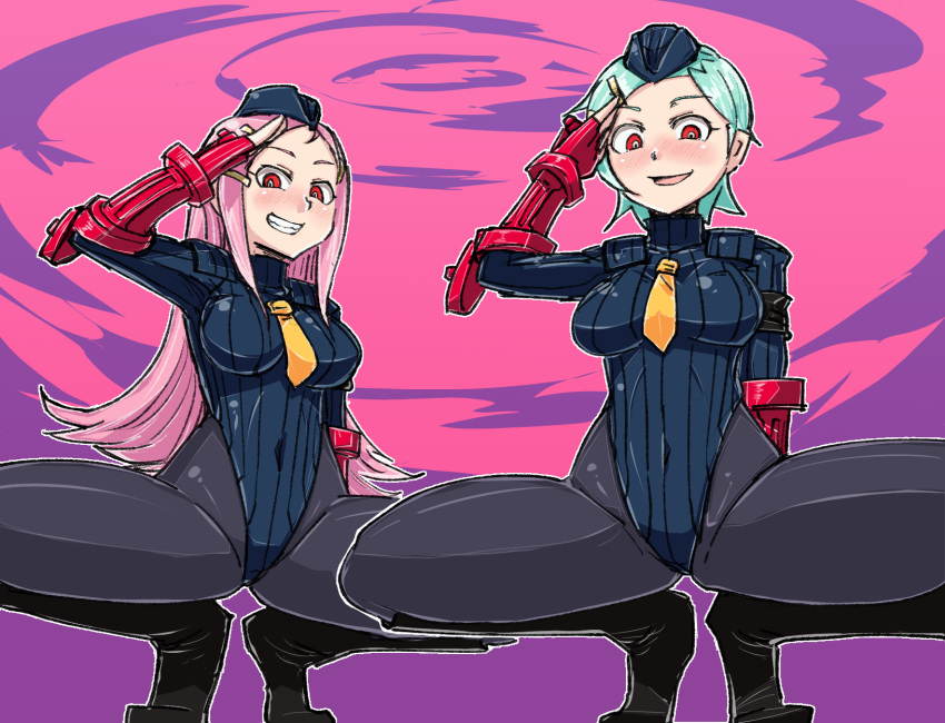 2girls anemone_(eureka_seven) boots capcom cosplay eureka eureka_seven female female_only high_heel_boots large_ass large_breasts leotard multiple_girls pantyhose salute spread_legs squatting street_fighter