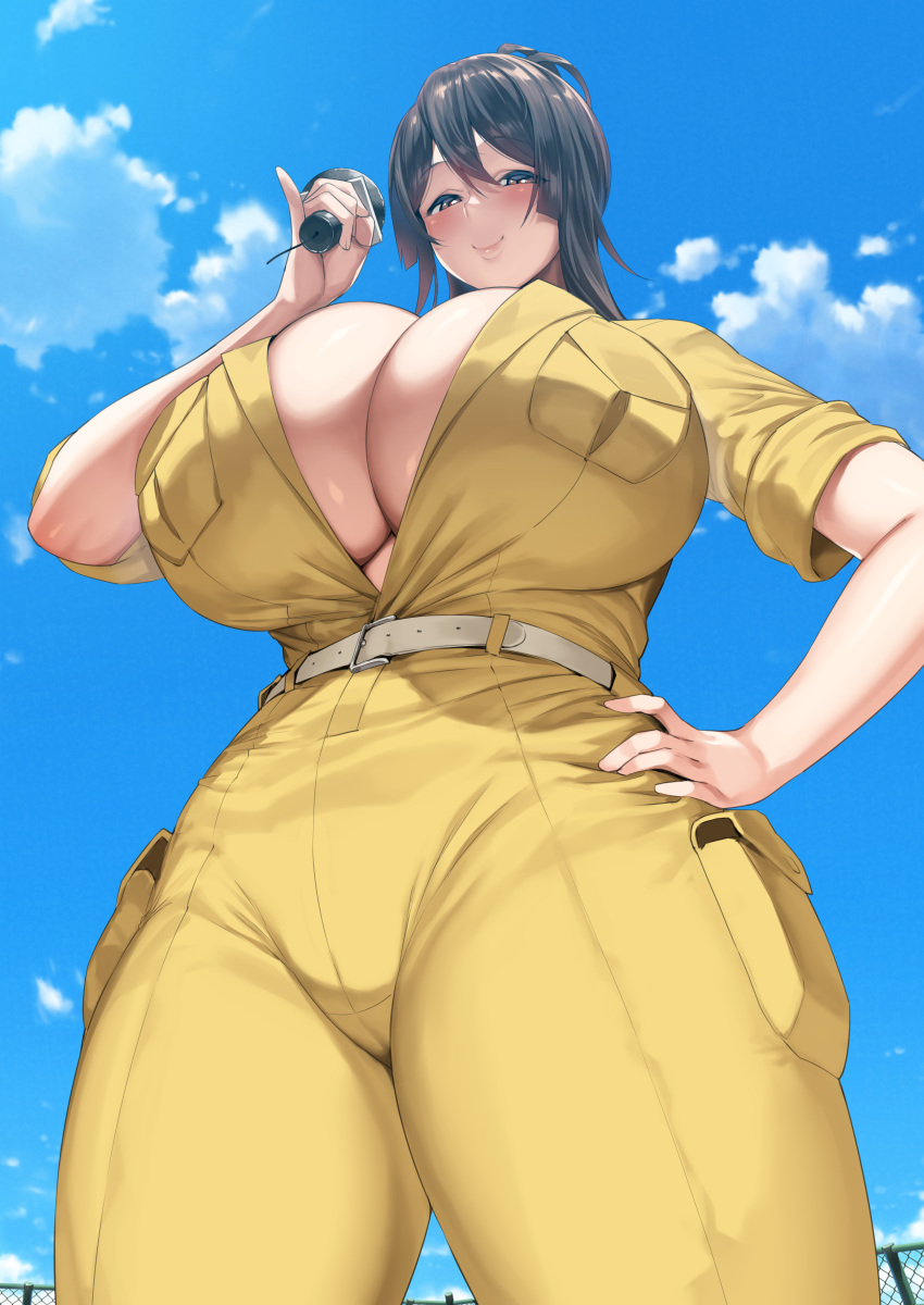 april_o'neil_(cosplay) belt blush breasts bursting_breasts cameltoe cleavage cosplay hakai_shin hand_on_hip highres holding_microphone huge_breasts inner_sideboob jumpsuit looking_down medium_hair microphone no_bra original original_character outside plump sky smile teenage_mutant_ninja_turtles thick_thighs wide_hips