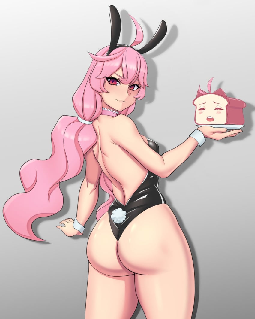 1girls ass bread bunnysuit cooterzi dish eien_project fake_animal_ears fake_rabbit_ears female female_only food kiki_lockheart light-skinned_female light_skin living_food looking_at_viewer looking_back pink_hair solo symbol-shaped_pupils virtual_youtuber