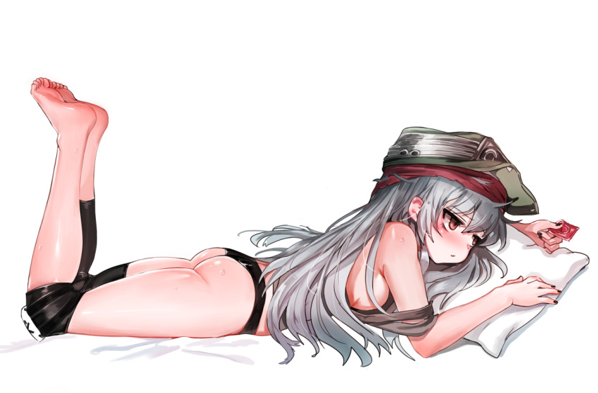 1girls alternate_breast_size android_girl asking_for_it asking_for_sex ass bed black_nail_polish black_nails black_panties black_underwear blush clothed clothing condom dokomon embarrassed feet feet_up female female_focus female_only full_body g11_(girls_frontline) girls'_frontline grey_tank_top hairband hat hips holding_condom horny invitation inviting inviting_to_sex kneepads legs long_hair medium_breasts messy_hair no_bra on_bed pillow pink_condom ready_for_sex ready_to_fuck red_eyes red_hairband side_view sideboob simple_background soles solo sweat tank_top thighs white_background white_hair white_sheets