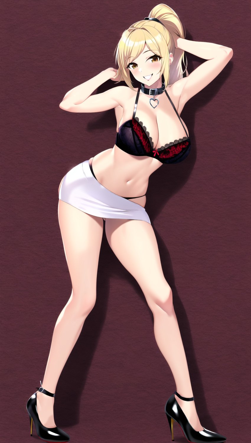 ai_generated black_bra black_collar black_high_heels black_panties blonde_hair bra brown_eyes clothing collar fairy_tail female hands_behind_head heart_necklace high_heels huge_breasts human lace_bra large_breasts lingerie long_hair lucy_heartfilia matalica miniskirt navel novelai partially_clothed pinup ponytail posing simple_background smile solo solo_female underwear white_miniskirt