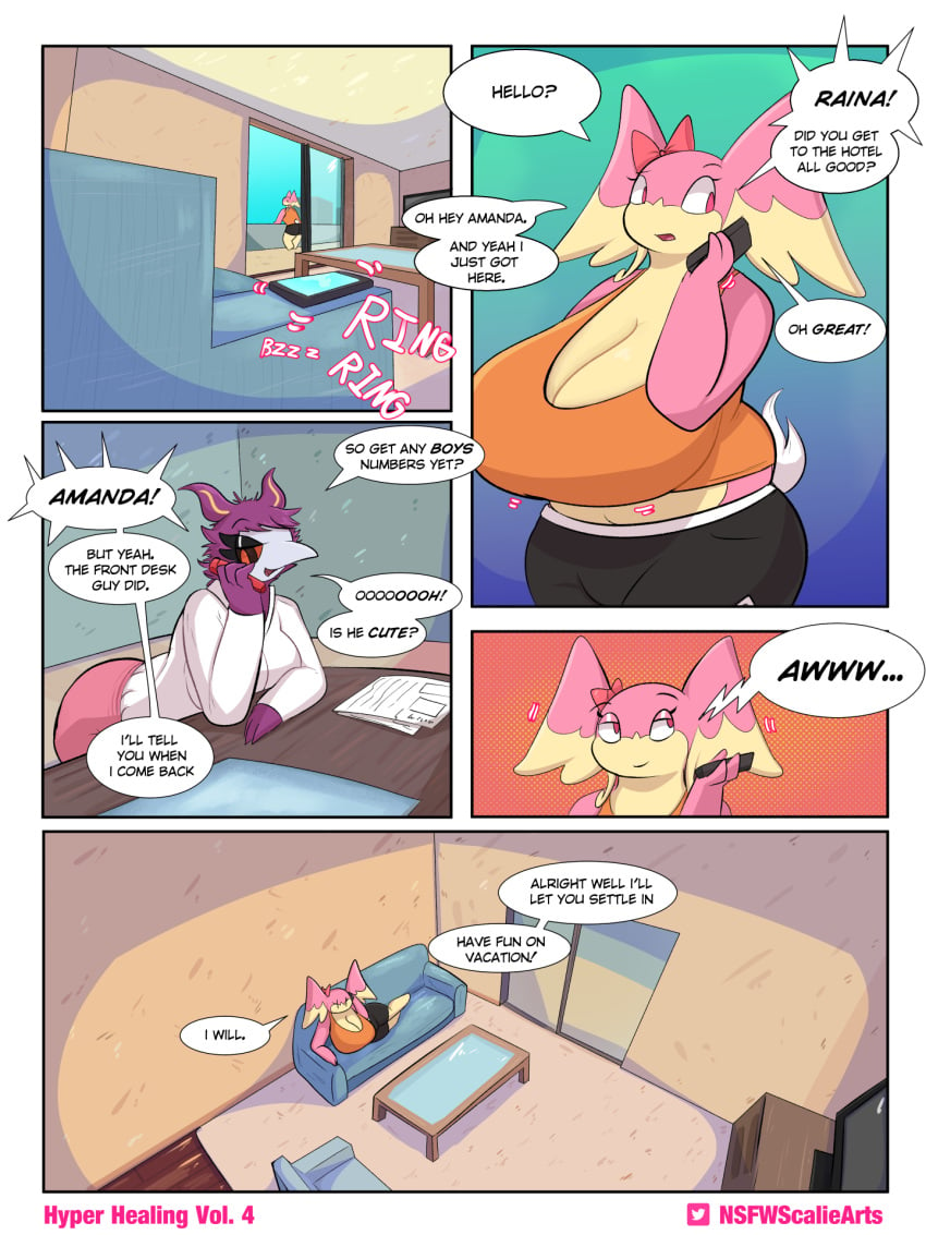 anthro aromatisse audino big_breasts breasts clothed clothing comic female feral generation_5_pokemon generation_6_pokemon goopyarts hi_res huge_breasts hyper hyper_breasts nintendo pink_body pokemon pokemon_(species) raina_(goopyarts) slightly_chubby text thick_thighs wide_hips