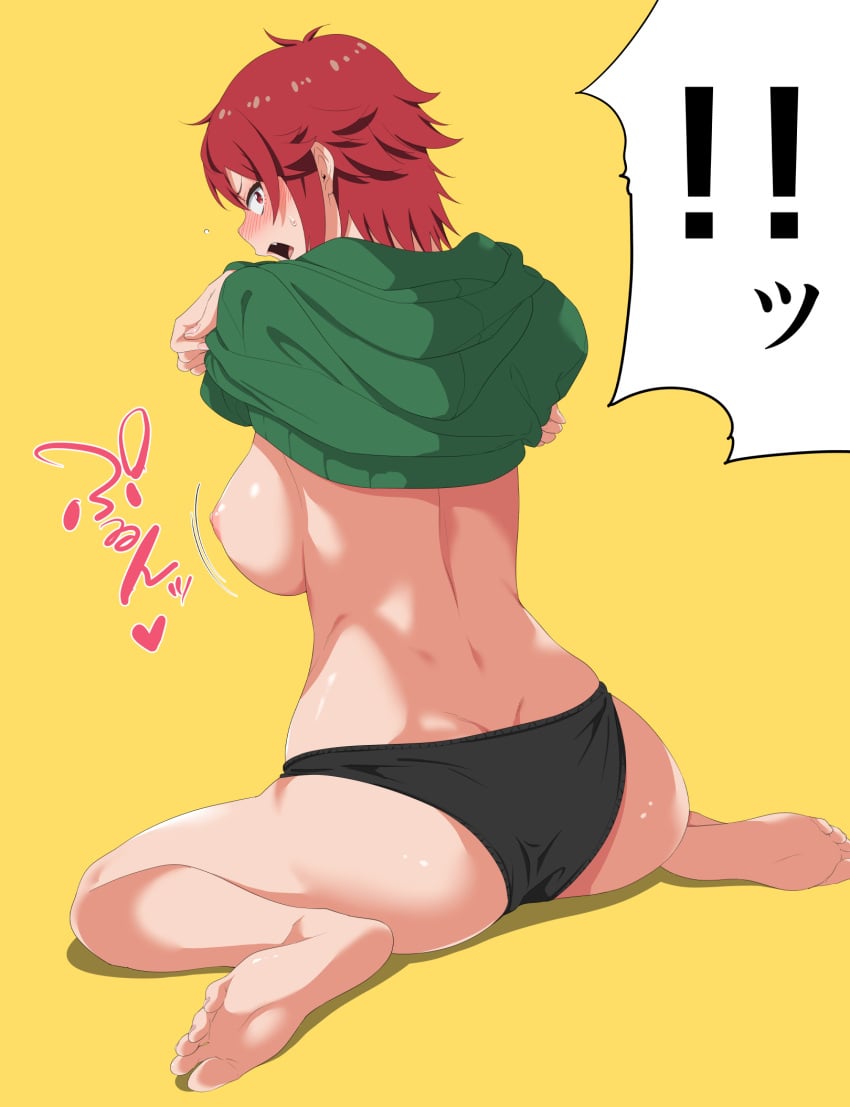 ! !! 1girls aizawa_tomo ass ass_cleavage barefoot big_breasts black_panties blush breasts butt_crack clothes_pull embarrassed feet female from_behind futamine_kobito highres hood hooded_sweater large_breasts legs looking_at_viewer looking_back nipples oerba_yun_fang open_mouth panties red_eyes red_hair short_hair sitting soles solo sweat sweater sweater_pull toenails toes tomboy tomo-chan_wa_onna_no_ko underwear undressing wariza yellow_background