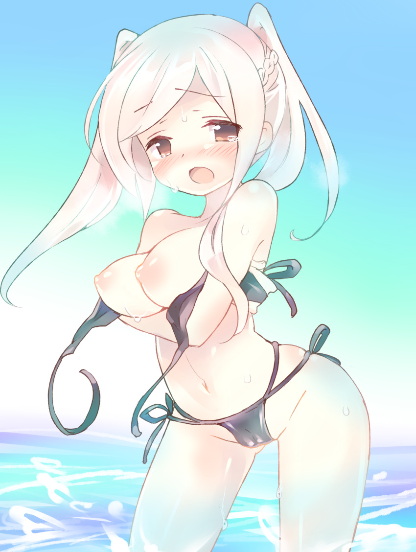 1girls alternate_costume beach bikini black_bikini black_swimsuit blush breasts breasts_out ebi_shamo female fire_emblem fire_emblem_awakening grey_hair large_breasts nintendo nipples ocean outdoors robin_(fire_emblem) robin_(fire_emblem)_(female) silver_hair solo sweat sweatdrop swimsuit teu_(navy) thigh_gap twintails wardrobe_malfunction wet white_hair wide_hips