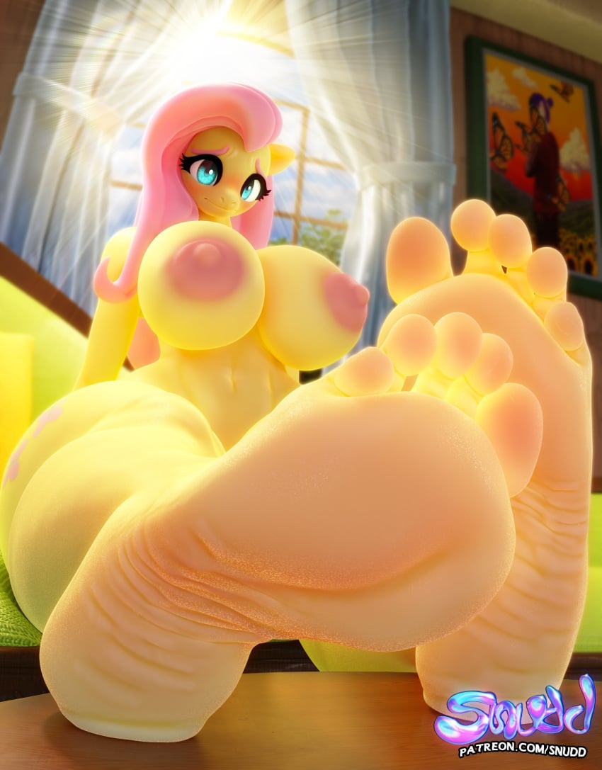 1girls anthro areolae big_breasts blue_eyes blush breasts curvy embarrassed eyes feet female female_only fluttershy_(mlp) foot_fetish foot_focus horse looking_at_viewer meaty_feet meaty_soles my_little_pony nipples nude pony snuddy soles solo toes yellow_body