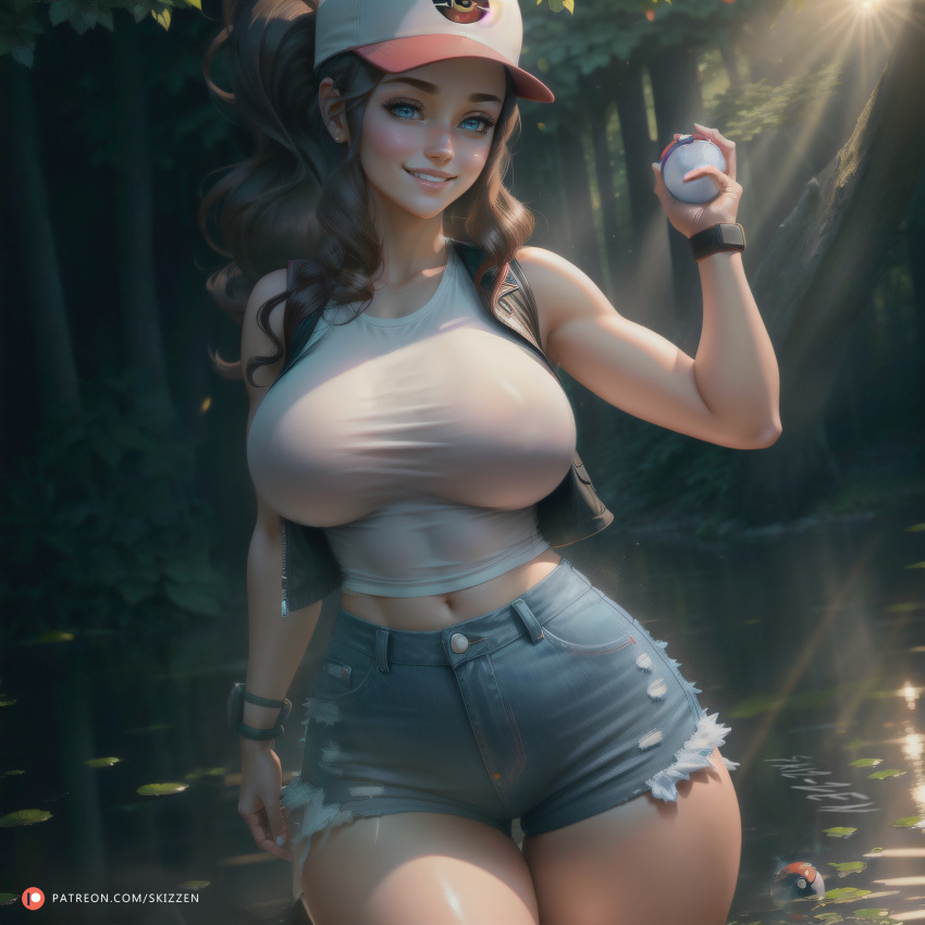 1girls ai_generated big_breasts black_vest blue_eyes breasts brown_hair clavicle denim female_focus hilda_(pokemon) holding_poke_ball hotpants looking_at_viewer navel outdoors patreon_username pokeball pokemon ponytail skizzen smile solo_focus stable_diffusion thick_thighs thigh_gap vest wide_hips