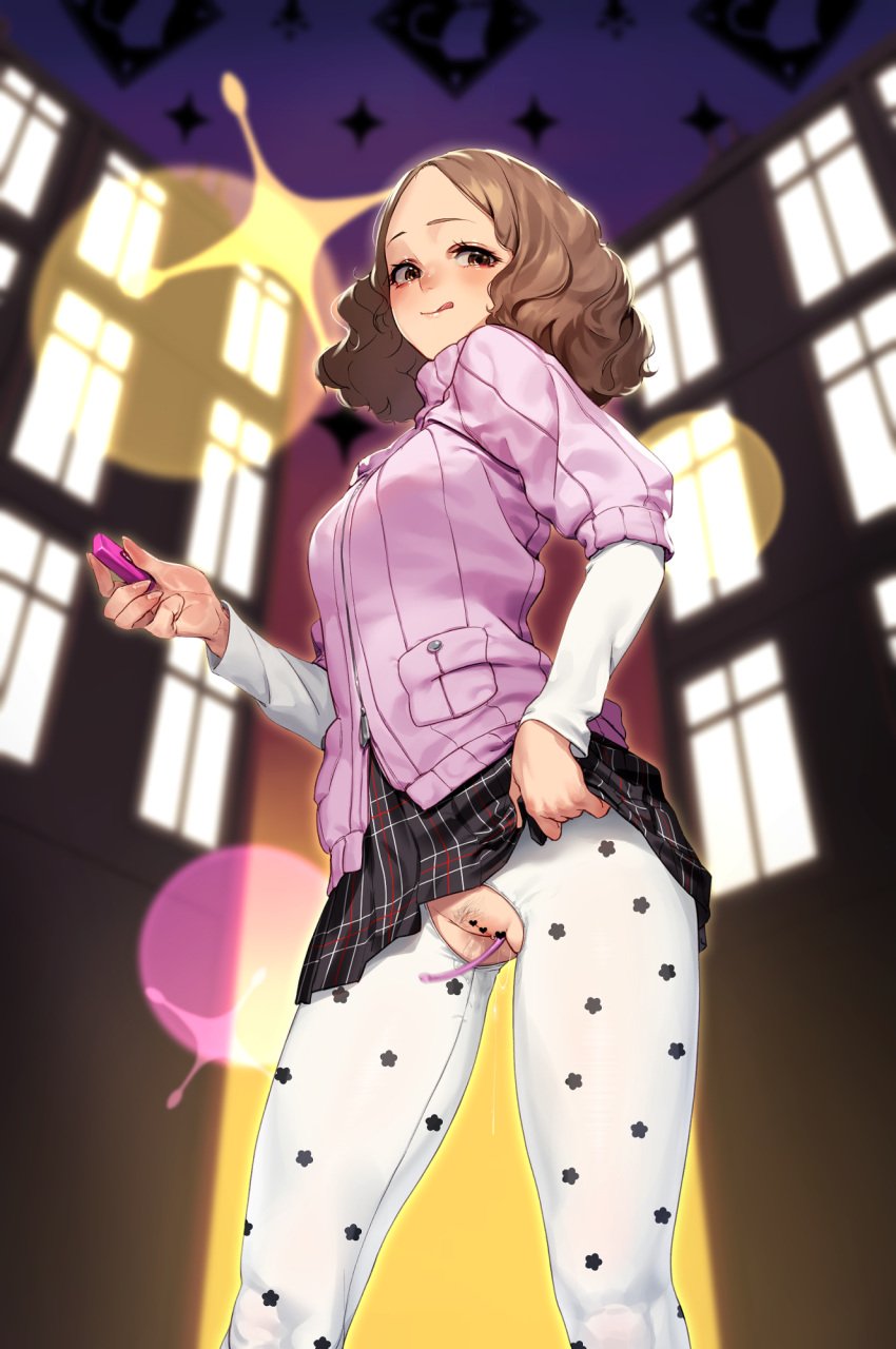 beeeeen black_skirt blush brown_eyes brown_hair censored clothes_lift controller crotchless crotchless_pantyhose female female_pubic_hair from_below haru_okumura heart heart_censor highres holding holding_remote_control layered_sleeves licking_lips lifted_by_self long_sleeves motion_blur no_panties object_insertion pantyhose persona persona_5 pink_sweater plaid plaid_skirt pleated_skirt pubic_hair pussy pussy_juice pussy_juice_drip remote_control remote_control_vibrator ribbed_sweater school_uniform short_hair short_over_long_sleeves short_sleeves shuujin_academy_school_uniform skirt skirt_lift smile solo standing sweater tongue tongue_out vaginal_object_insertion vaginal_penetration vibrator_in_pussy vibrator_under_skirt white_sleeves