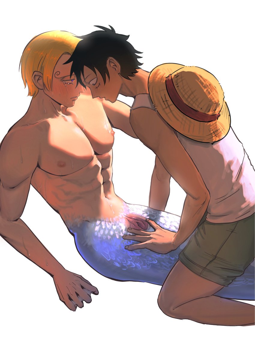 1boy 1cuntboy abs black_hair blonde_hair blush cuntboy human intersex interspecies male merfolk merman monkey_d_luffy muscular muscular_cuntboy muscular_male one_piece pussy spread_pussy spreading sweat tears uncensored vinsmoke_sanji webbed_hands wet_skin yaoi yongyipeng11