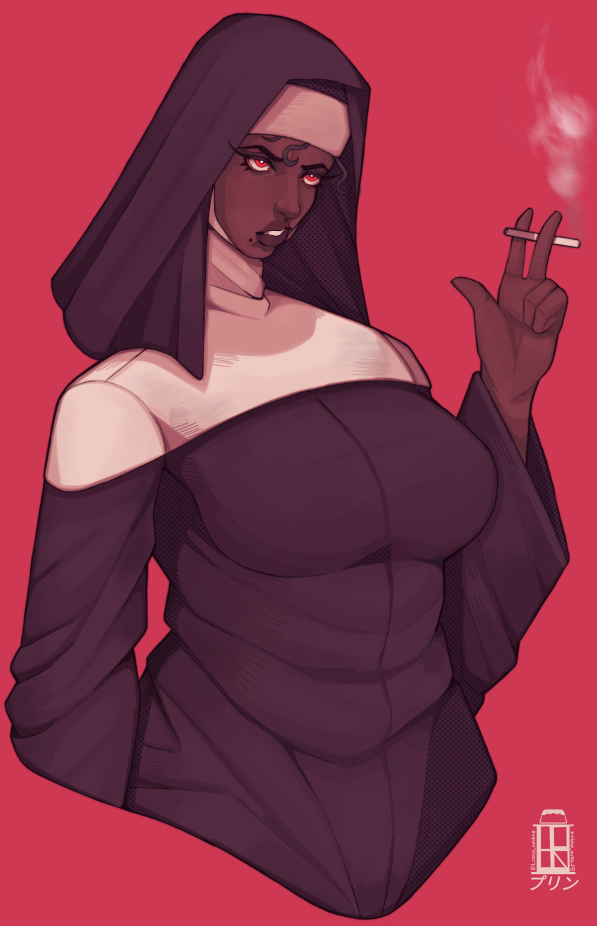 black_hair cigarette cropped_legs curvy dark-skinned_female dark_skin fully_clothed huge_breasts lazy_pudding nun nun's_habit original pink_background pink_theme red_eyes smoke smoking teeth_showing thick_lips thick_thighs