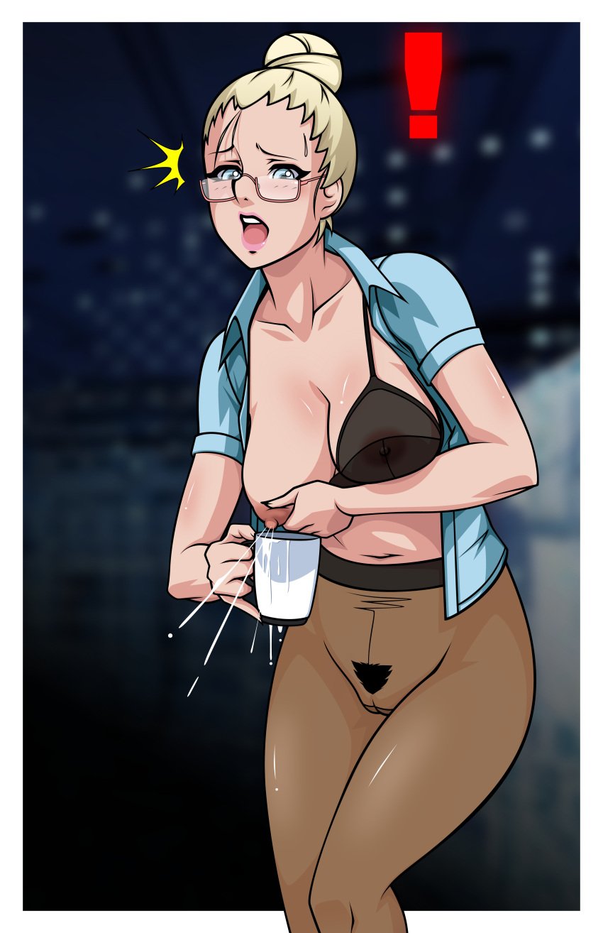 big_breasts black_bra black_pubes black_pubic_hair blonde_hair bra breast_squeeze breasts clumsy coffee coffee_mug courtney_collins exclamation_point falcon-creative glasses hair_bun hips igfalcon konami labia lace lace_bra lactating lactation leggings metal_gear metal_gear_rising metal_gear_rising:_revengeance milk no_skirt one_breast_out pantyhose platinum_games pubes pubic_hair puffy_pussy pussy see-through see-through_clothing shirt shocked_expression spilling sweat unbuttoned unbuttoned_shirt vagina wide_hips