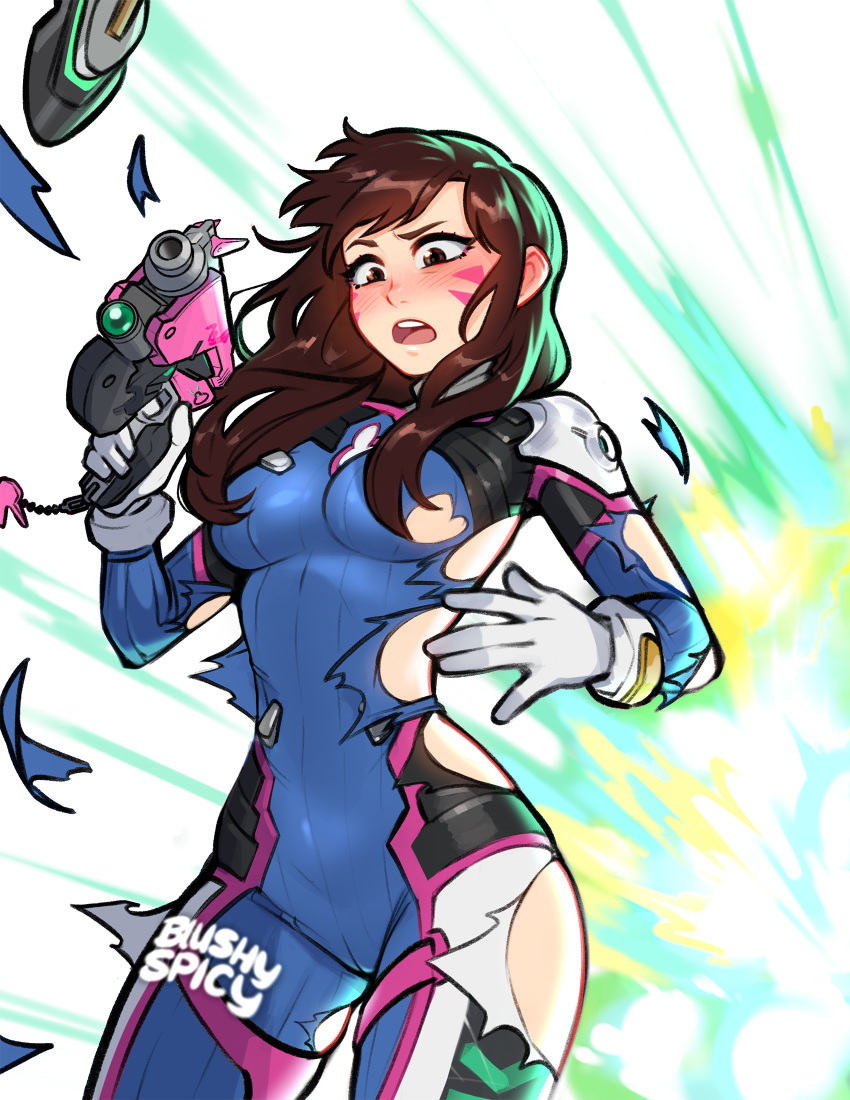 1girls blizzard_entertainment blushing blushypixy blushyspicy brown_eyes brown_hair cowboy_shot d.va damaged_clothes explosion facial_markings form_fitting gloves gun keychain light_skin medium_breasts nearly_nude overwatch reflective_clothing ripped_clothing solo surprise surprised tagme tight_clothing torn_clothes white_background