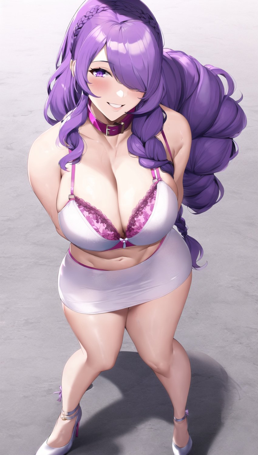 ai_generated blush camilla_(fire_emblem) collar fire_emblem fire_emblem_fates hands_behind_back high_heels huge_breasts lace_bra large_breasts latex latex_bra latex_skirt latex_suit long_hair matalica nintendo novelai pinup ponytail posing purple_eyes purple_hair smiling white_outfit