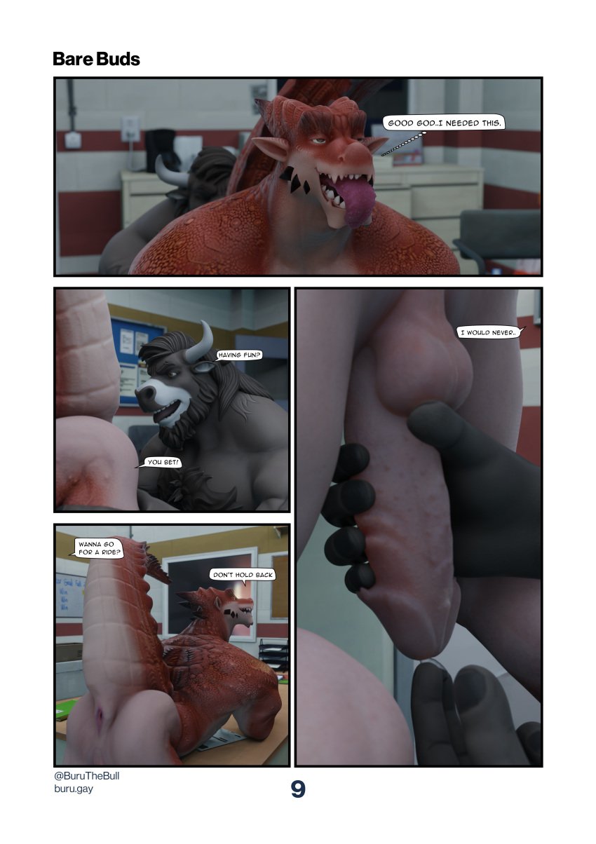 absurd_res anthro bovid bovine brown_body brown_fur buru_(buruthebull) buruthebull comic dragon_(maxwellshiba) fur hi_res horn lunjy_(maxwellshiba) male mammal muscular muscular_male scalie tail